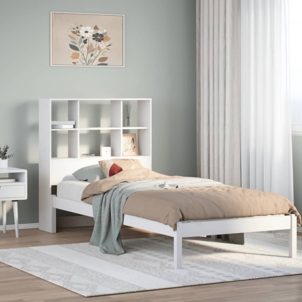 vidaXL Säng med bokhylla utan madrass vit 90x200cm massiv furu