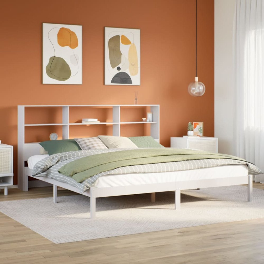 vidaXL Säng med bokhylla utan madrass vit 180x200cm massiv furu