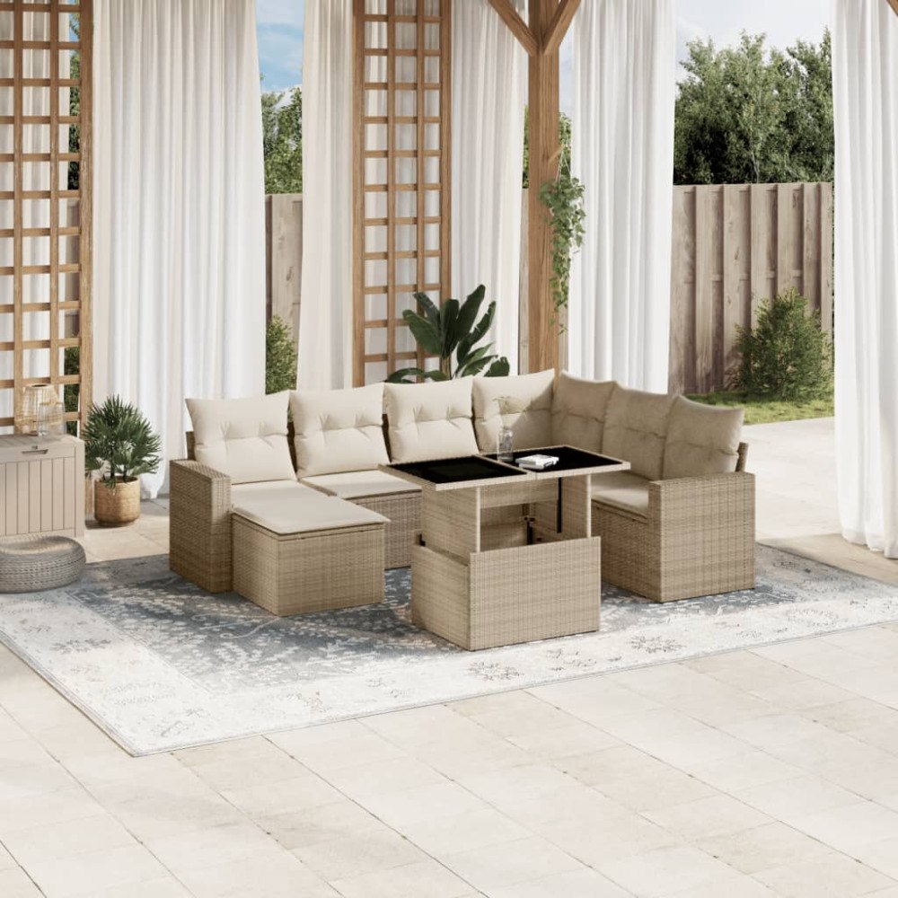 vidaXL Matgrupp för trädgården med dynor 8 delar beige konstrotting