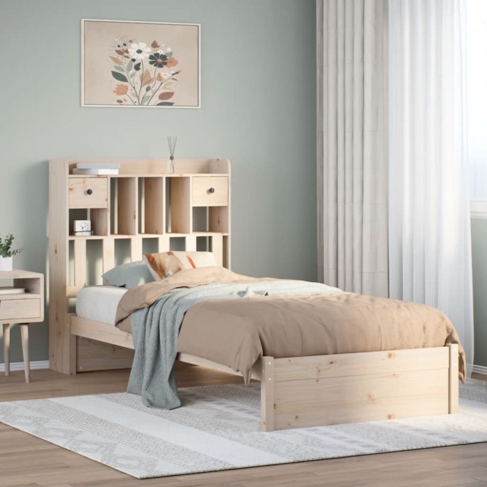 vidaXL Säng med bokhylla utan madrass 75x190cm massiv furu