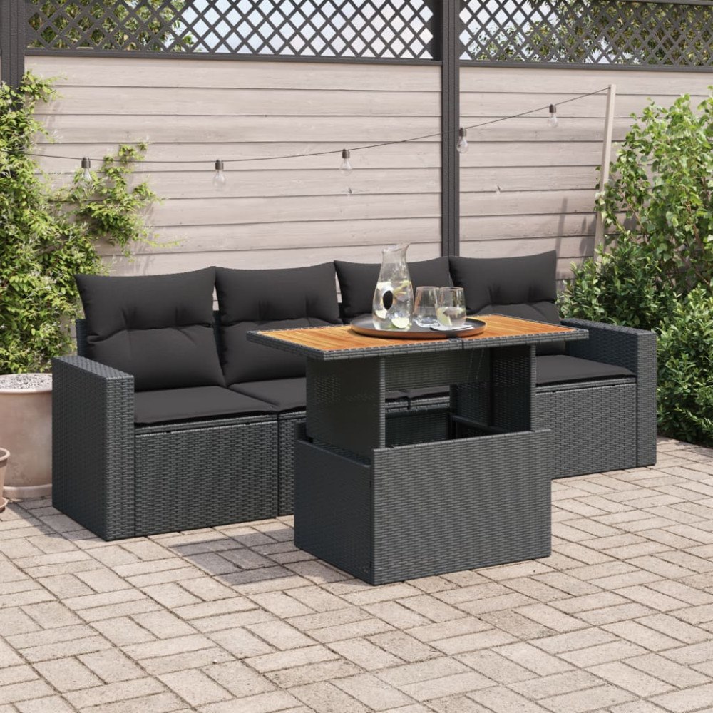 vidaXL Loungegrupp för trädgården med dynor 5 delar svart konstrotting