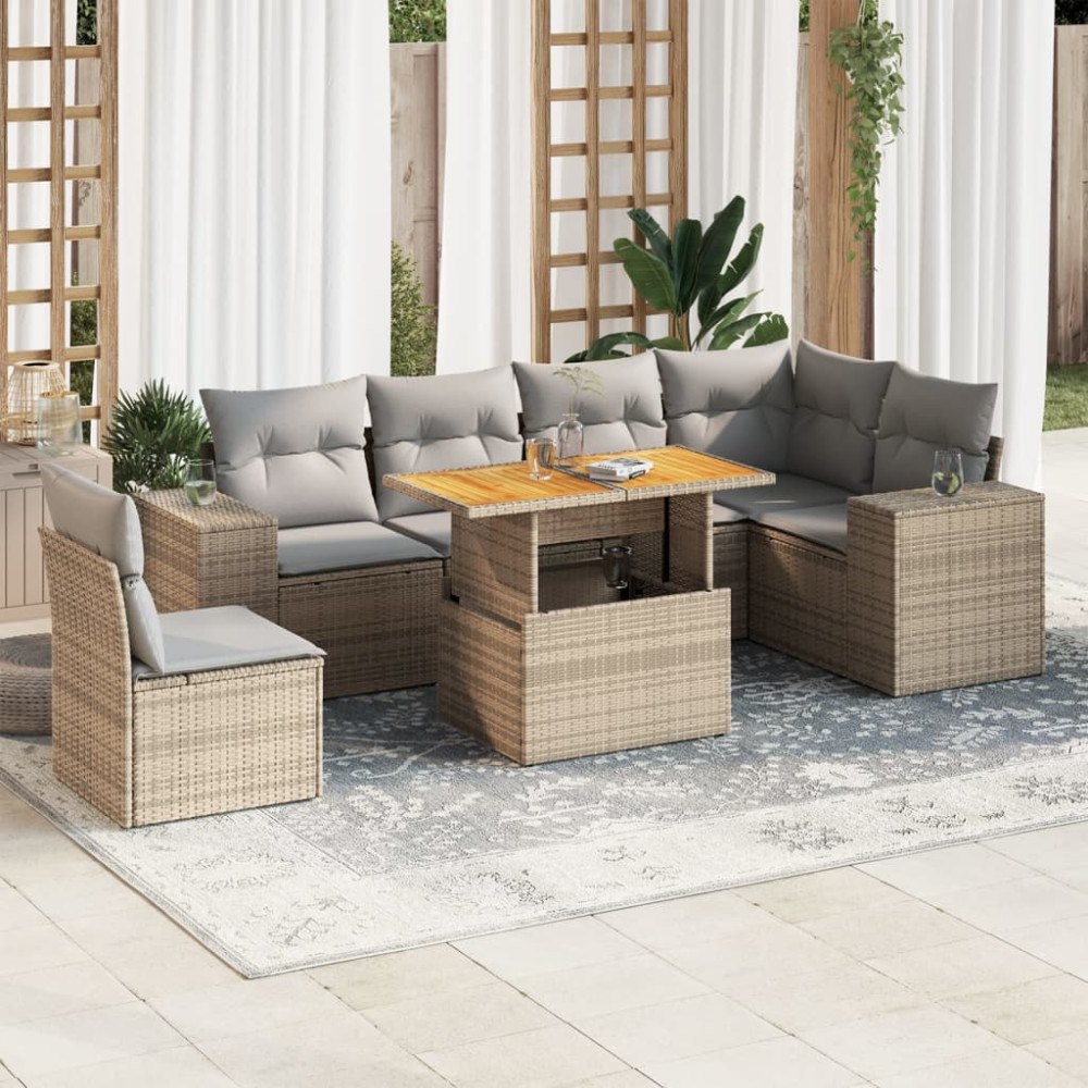 vidaXL Matgrupp för trädgården med dynor 7 delar beige konstrotting
