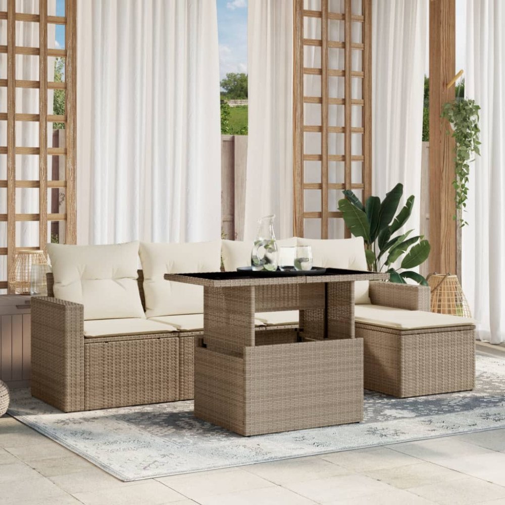 vidaXL Soffgrupp för trädgården med dynor 6 delar beige konstrotting