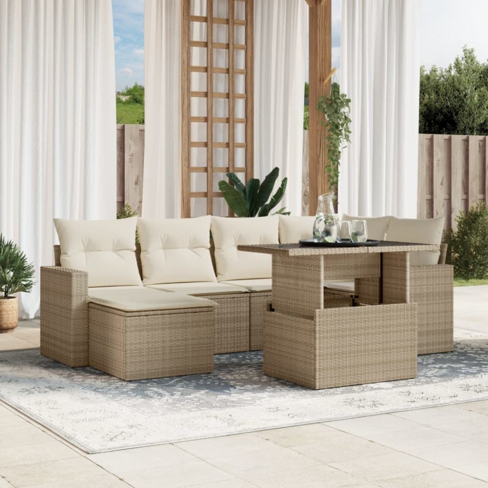vidaXL Matgrupp för trädgården med dynor 7 delar beige konstrotting