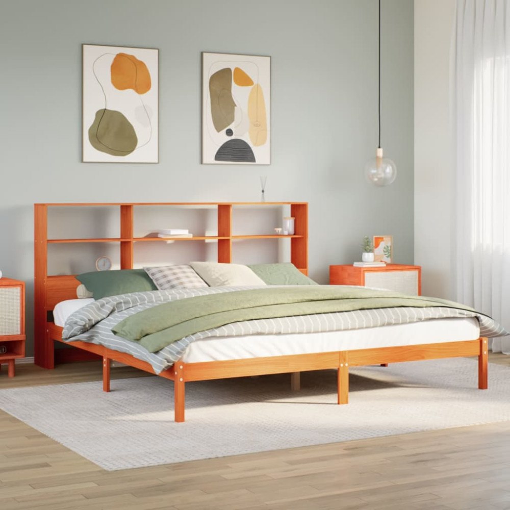 vidaXL Säng med bokhylla utan madrass vaxbrun 200x200cm massiv furu