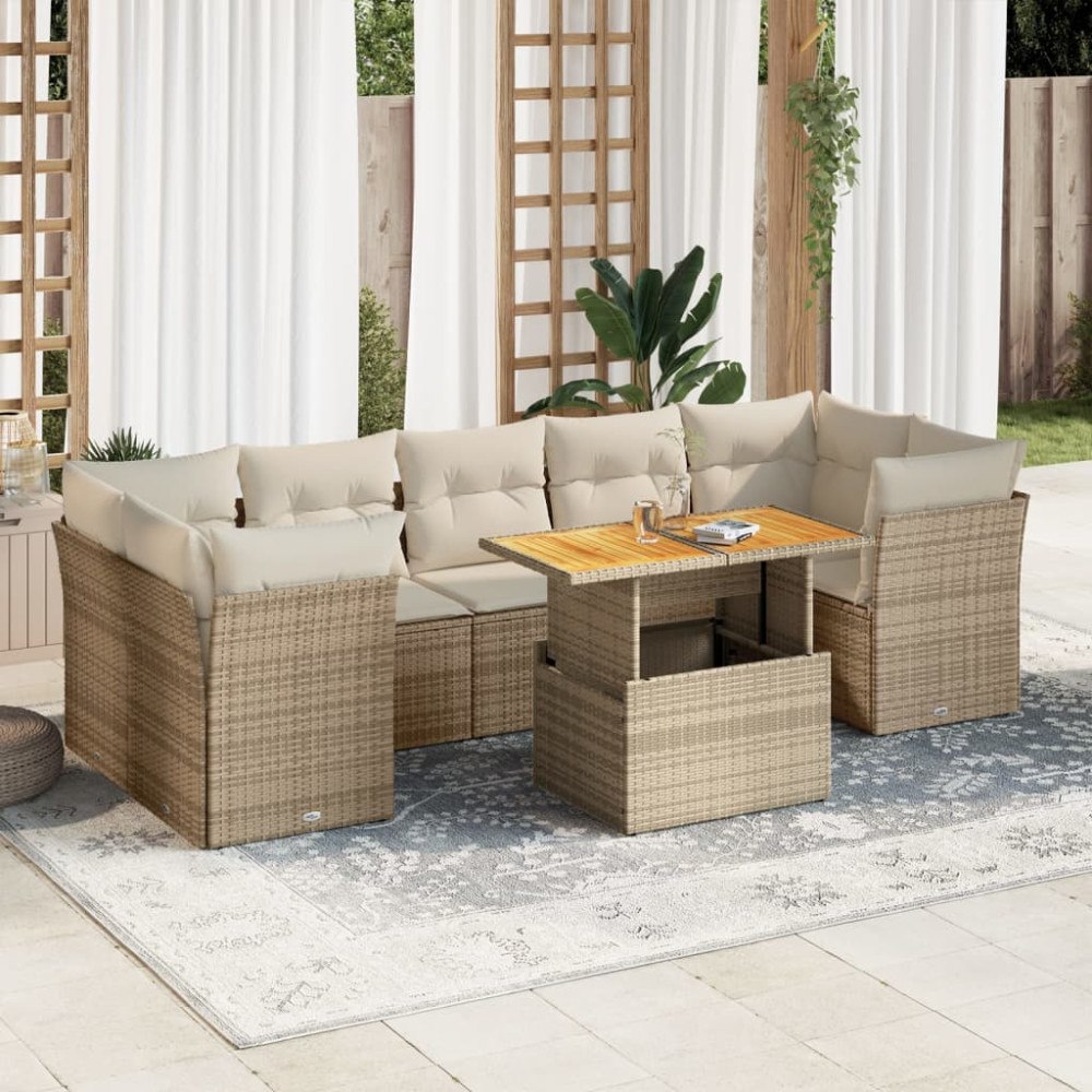 vidaXL Matgrupp för trädgården med dynor 8 delar beige konstrotting