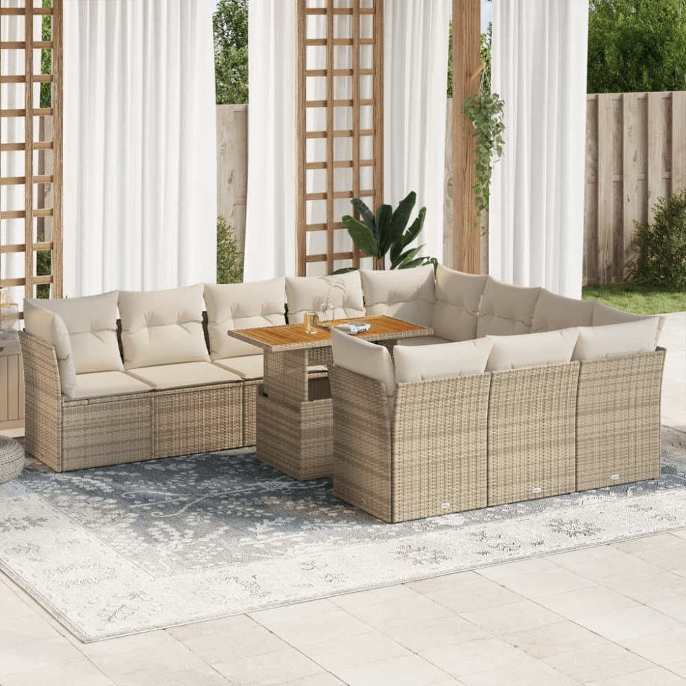 vidaXL Loungegrupp för trädgården m. dynor 11 delar beige konstrotting
