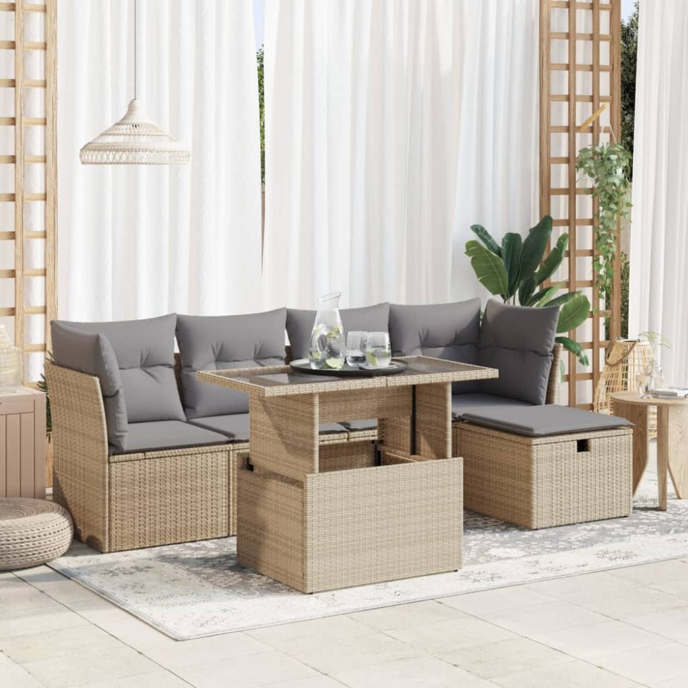 vidaXL Soffgrupp för trädgården med dynor 6 delar beige konstrotting