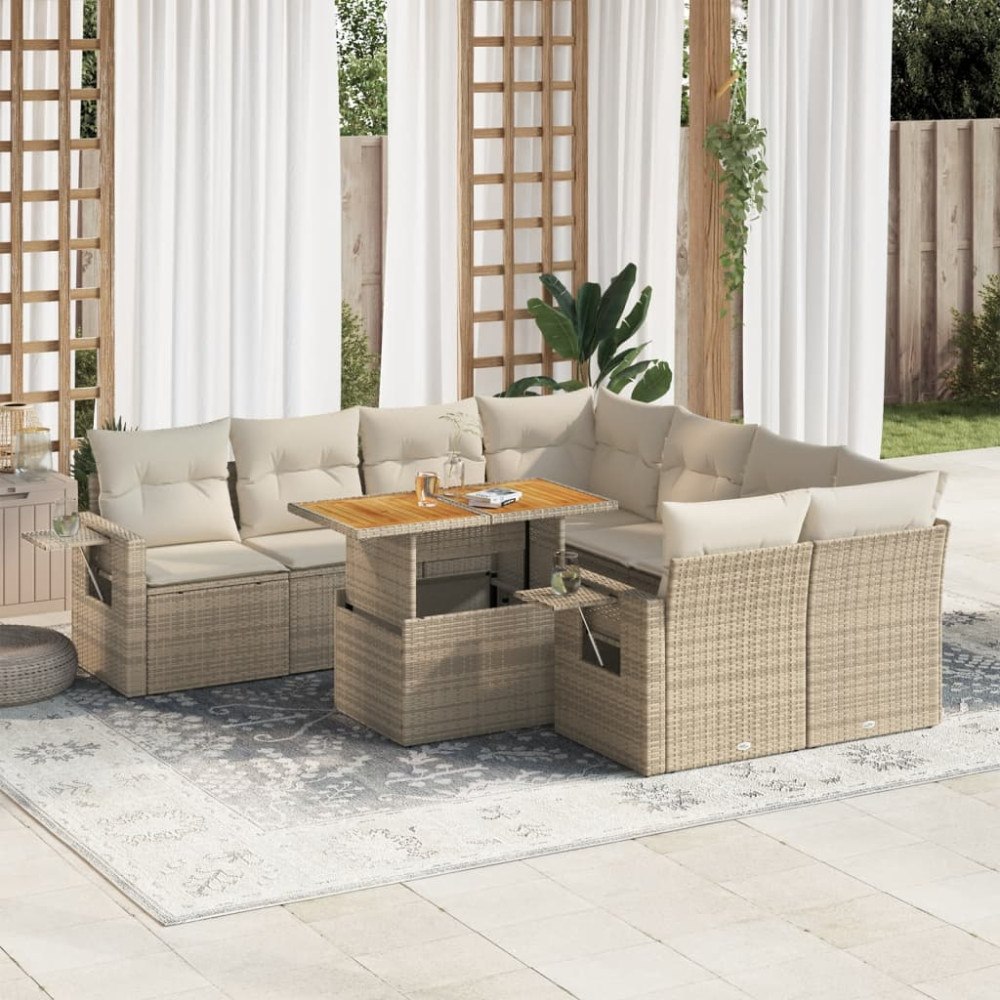 vidaXL Soffgrupp för trädgården med dynor 9 delar beige konstrotting
