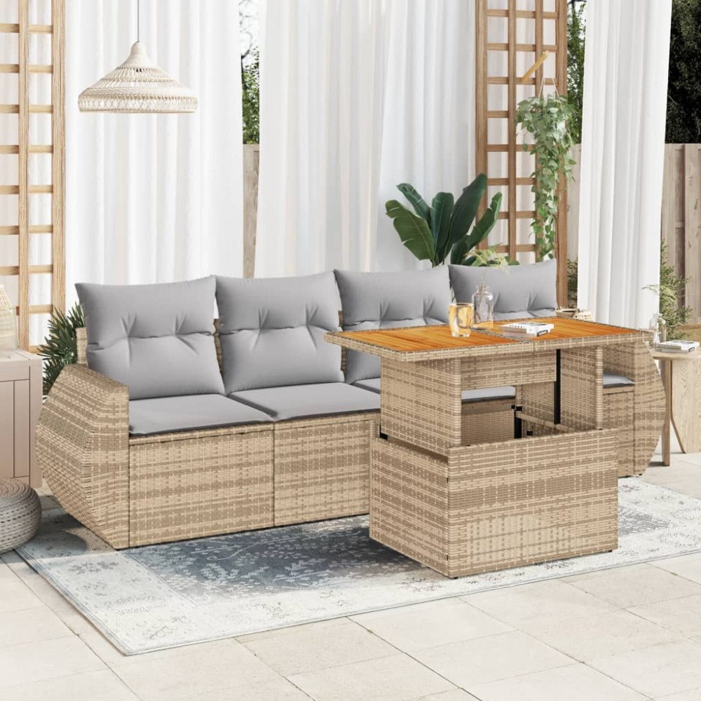 vidaXL Soffgrupp för trädgården med dynor 5 delar beige konstrotting