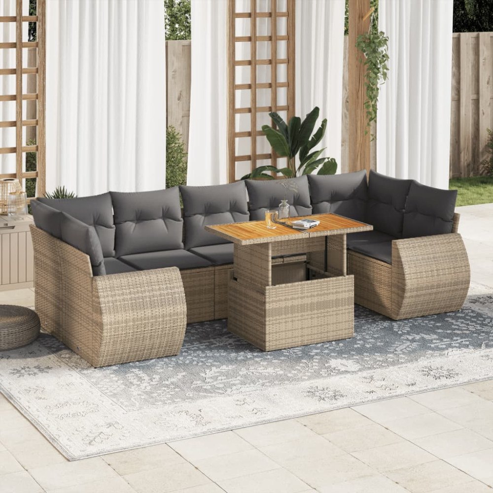 vidaXL Matgrupp för trädgården med dynor 8 delar beige konstrotting