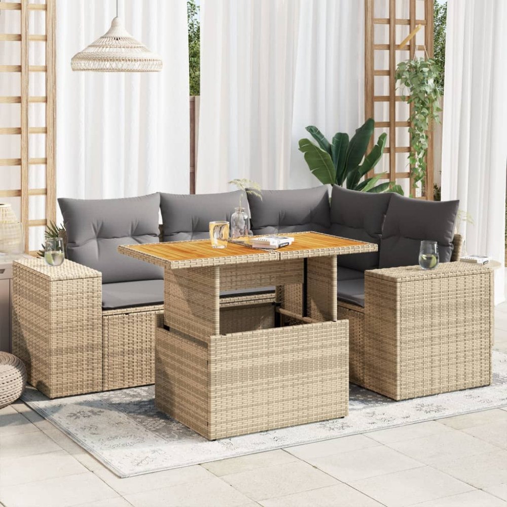 vidaXL Soffgrupp för trädgården med dynor 5 delar beige konstrotting