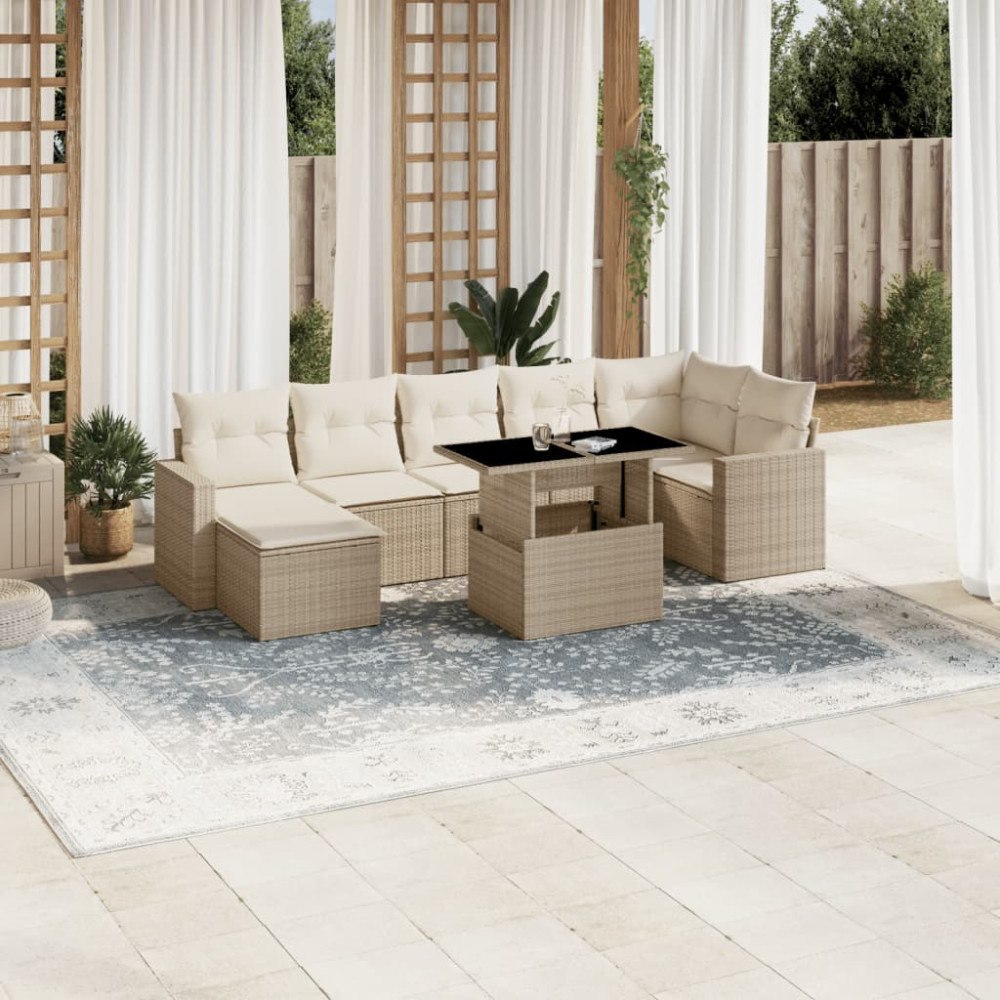 vidaXL Matgrupp för trädgården med dynor 8 delar beige konstrotting