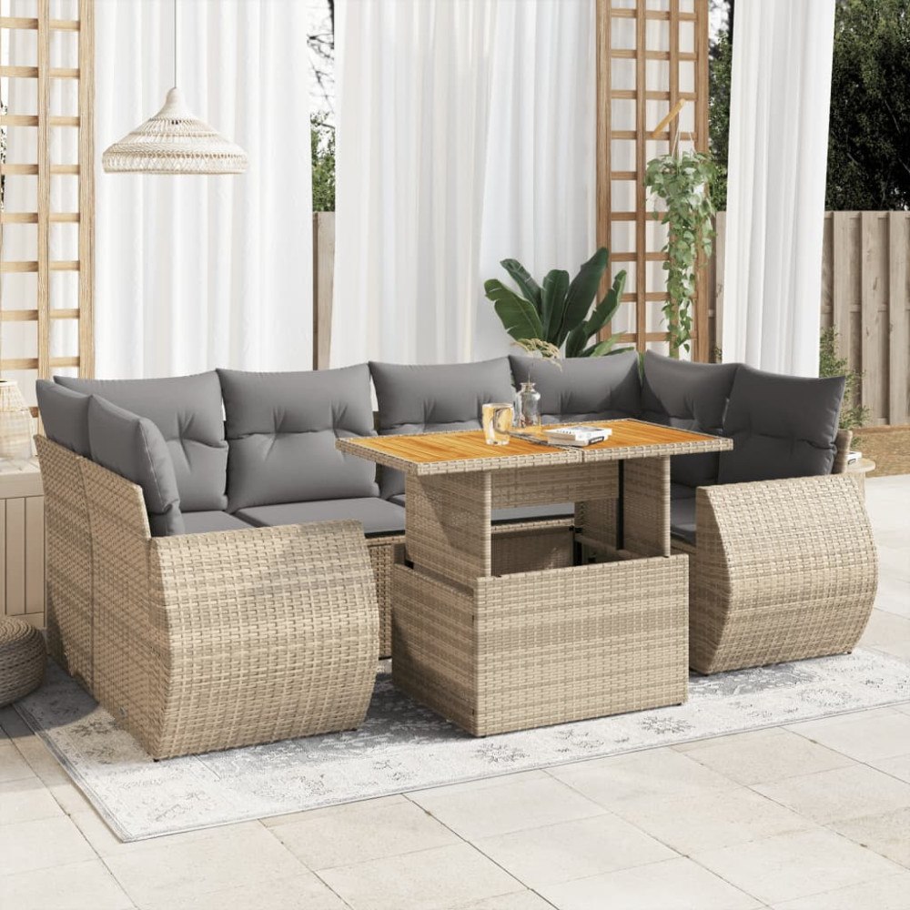 vidaXL Matgrupp för trädgården med dynor 7 delar beige konstrotting