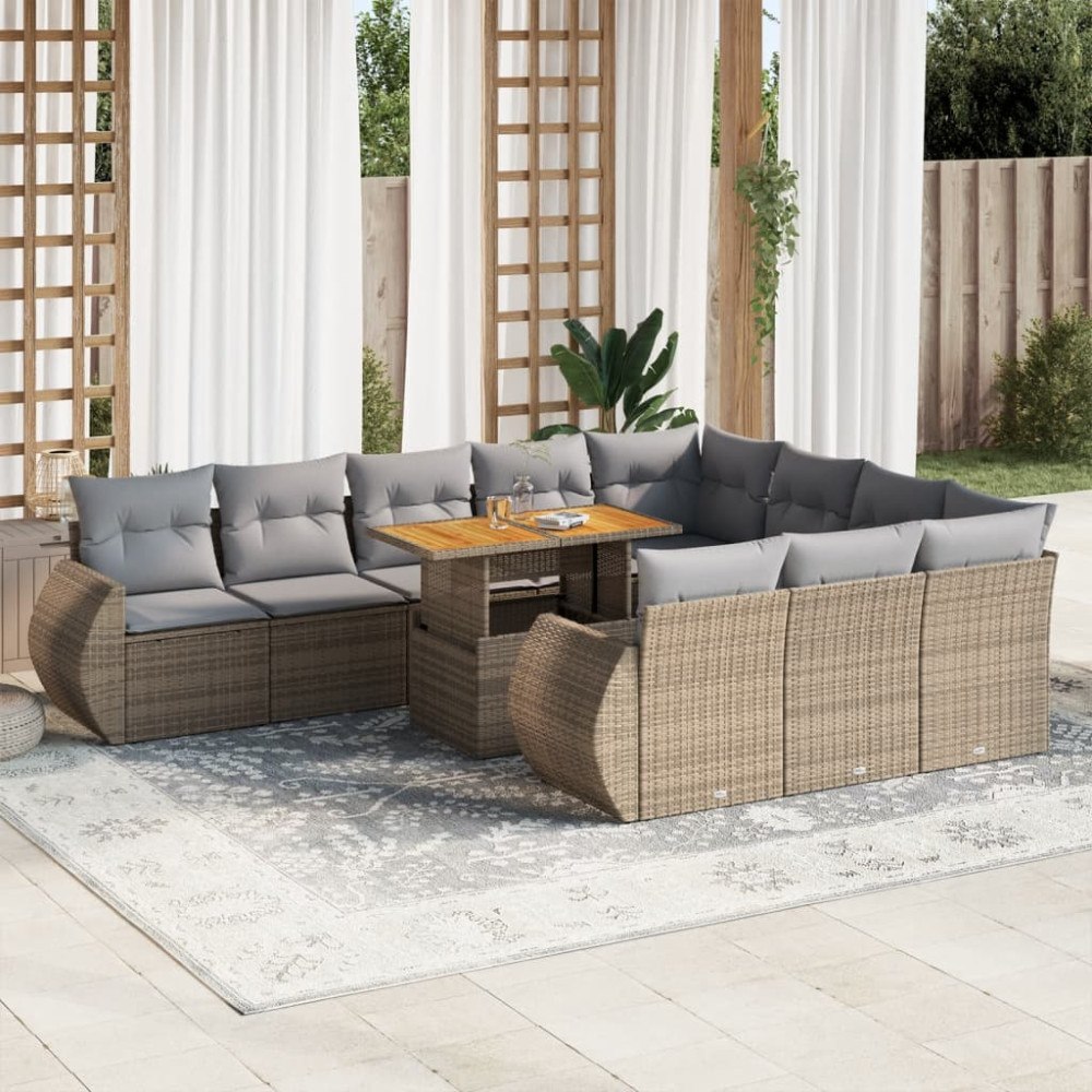 vidaXL Loungegrupp för trädgården m. dynor 11 delar beige konstrotting