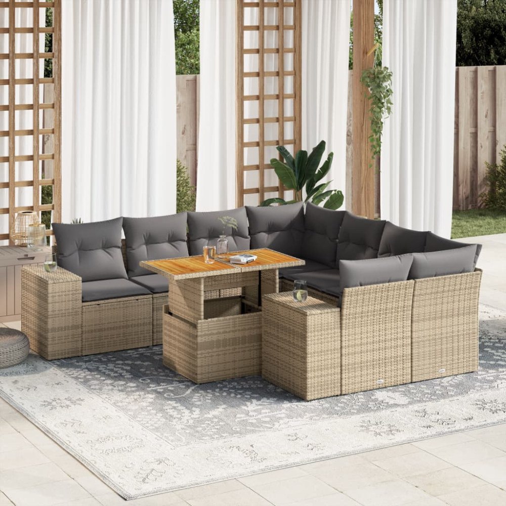 vidaXL Soffgrupp för trädgården med dynor 9 delar beige konstrotting