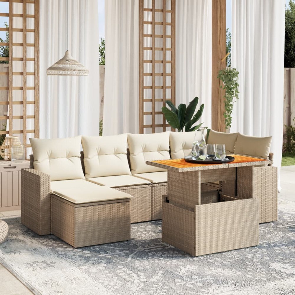vidaXL Matgrupp för trädgården med dynor 7 delar beige konstrotting