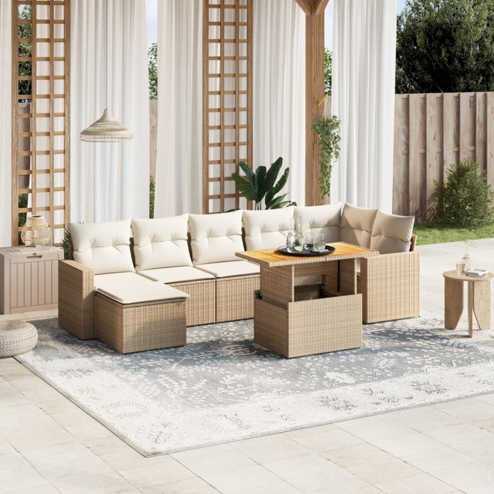 vidaXL Matgrupp för trädgården med dynor 8 delar beige konstrotting