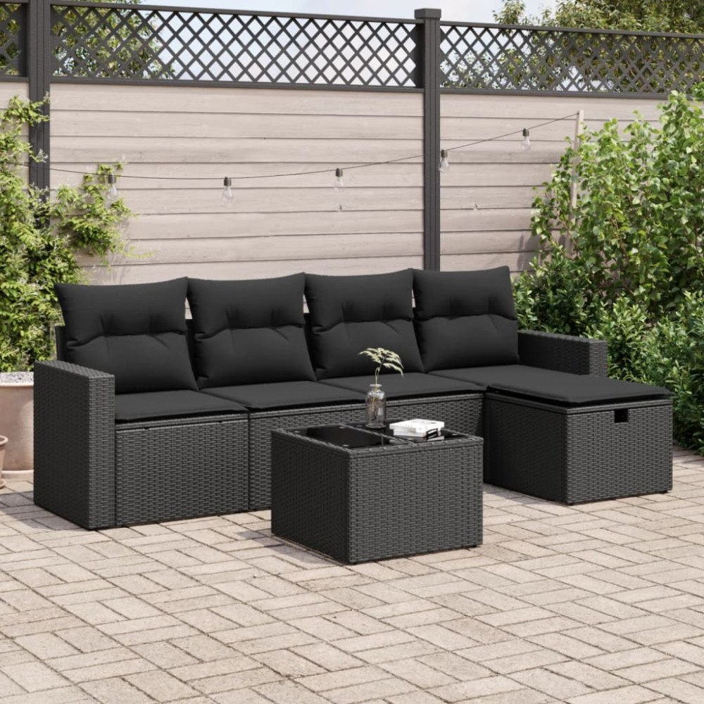 vidaXL Loungegrupp med dynor 6 delar svart konstrotting