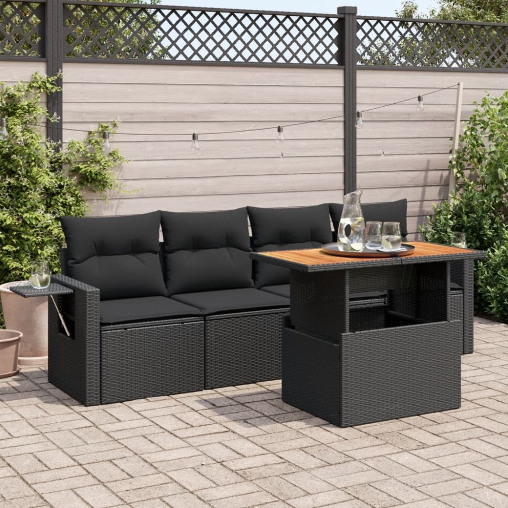 vidaXL Loungegrupp för trädgården med dynor 5 delar svart konstrotting