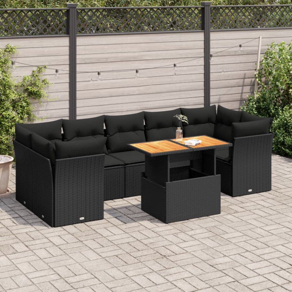 vidaXL Loungegrupp för trädgården med dynor 8 delar svart konstrotting