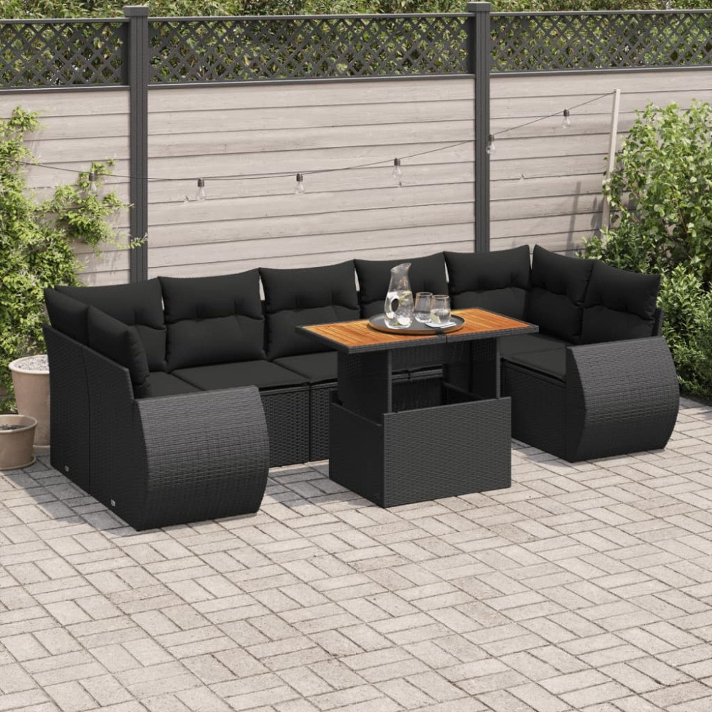 vidaXL Loungegrupp för trädgården med dynor 8 delar svart konstrotting