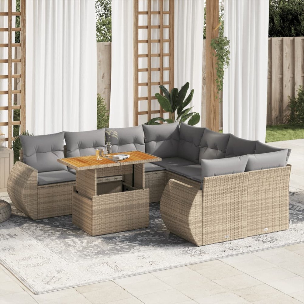 vidaXL Soffgrupp för trädgården med dynor 9 delar beige konstrotting