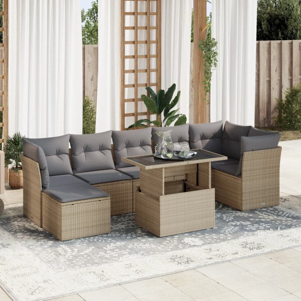 vidaXL Matgrupp för trädgården med dynor 8 delar beige konstrotting