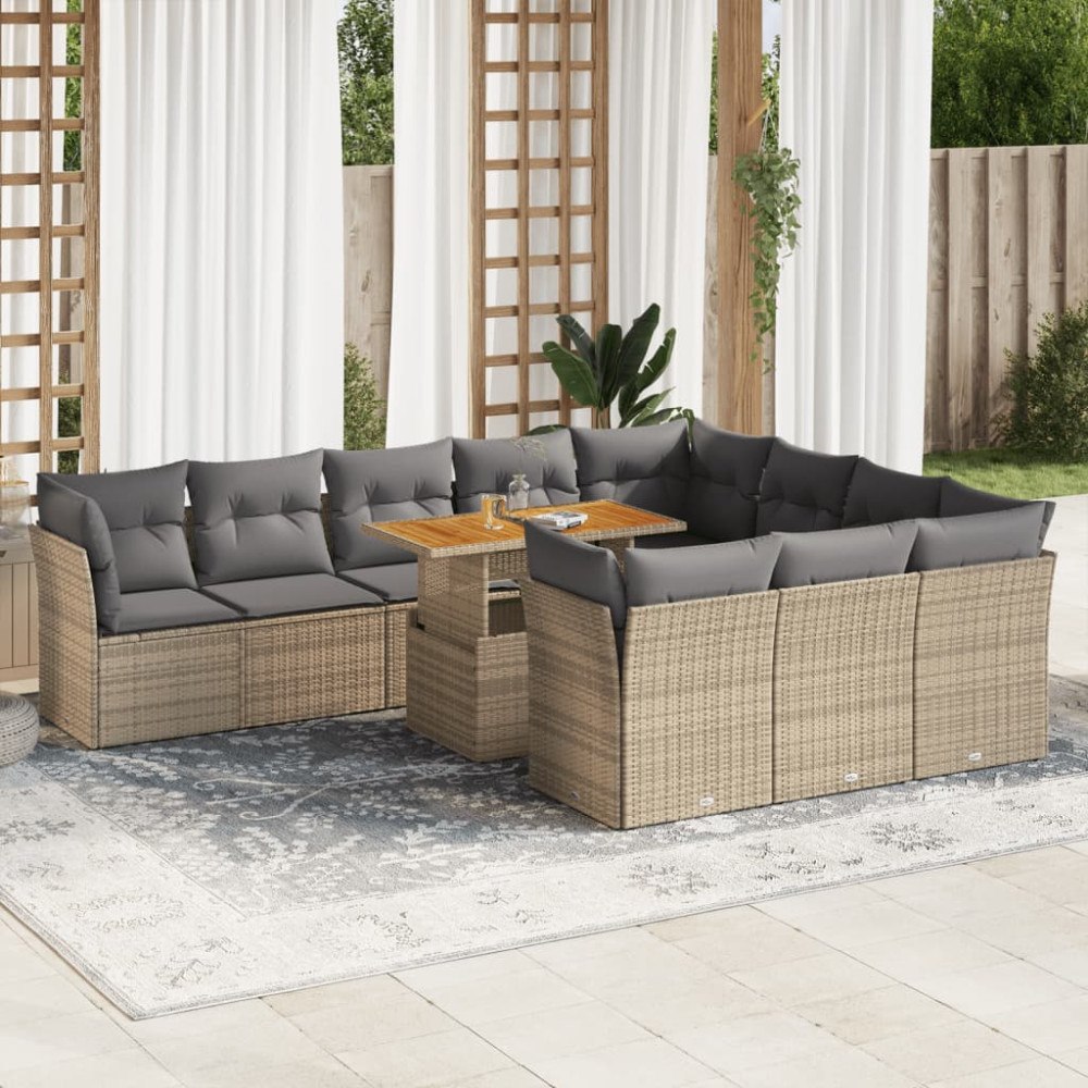 vidaXL Loungegrupp för trädgården m. dynor 11 delar beige konstrotting