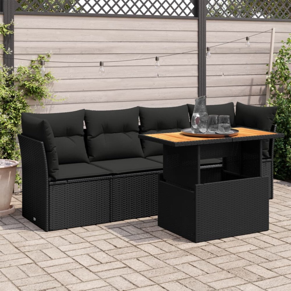 vidaXL Loungegrupp för trädgården med dynor 5 delar svart konstrotting
