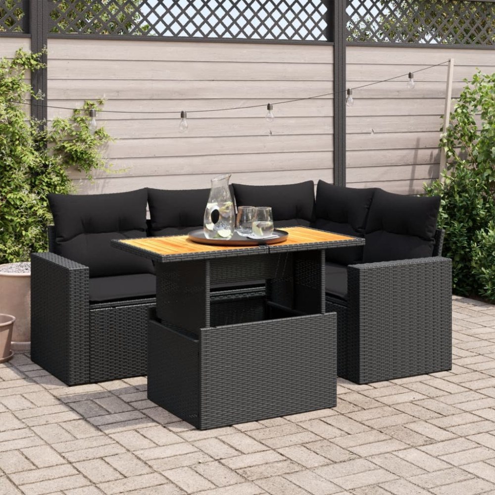 vidaXL Loungegrupp för trädgården med dynor 5 delar svart konstrotting