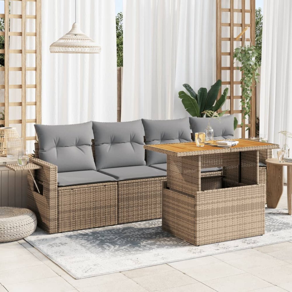 vidaXL Soffgrupp för trädgården med dynor 5 delar beige konstrotting