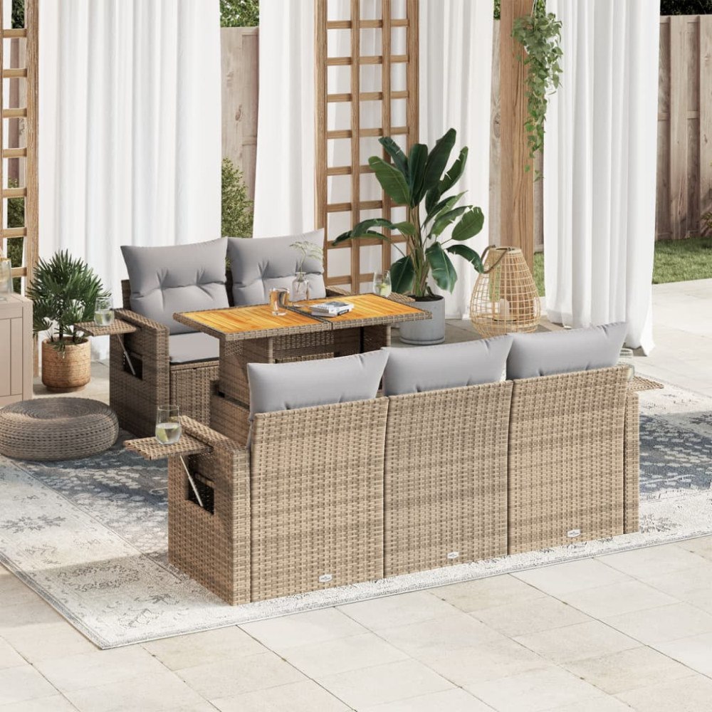 vidaXL Soffgrupp för trädgården med dynor 6 delar beige konstrotting