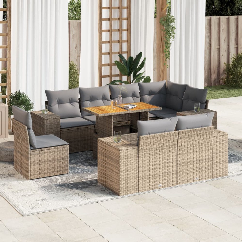 vidaXL Soffgrupp för trädgården med dynor 9 delar beige konstrotting