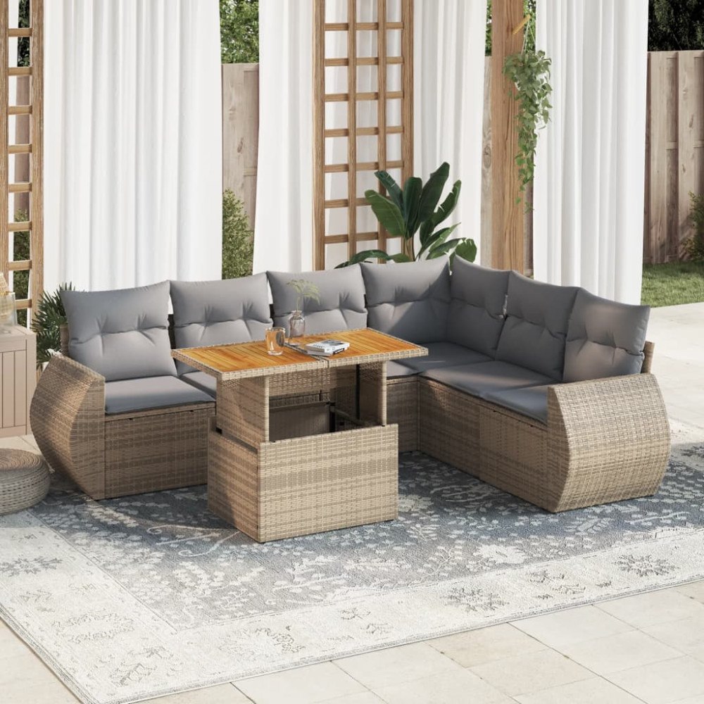 vidaXL Matgrupp för trädgården med dynor 7 delar beige konstrotting