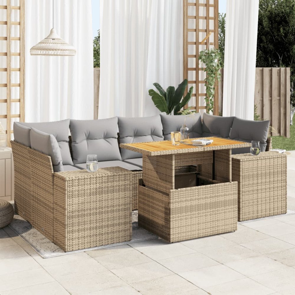 vidaXL Matgrupp för trädgården med dynor 7 delar beige konstrotting