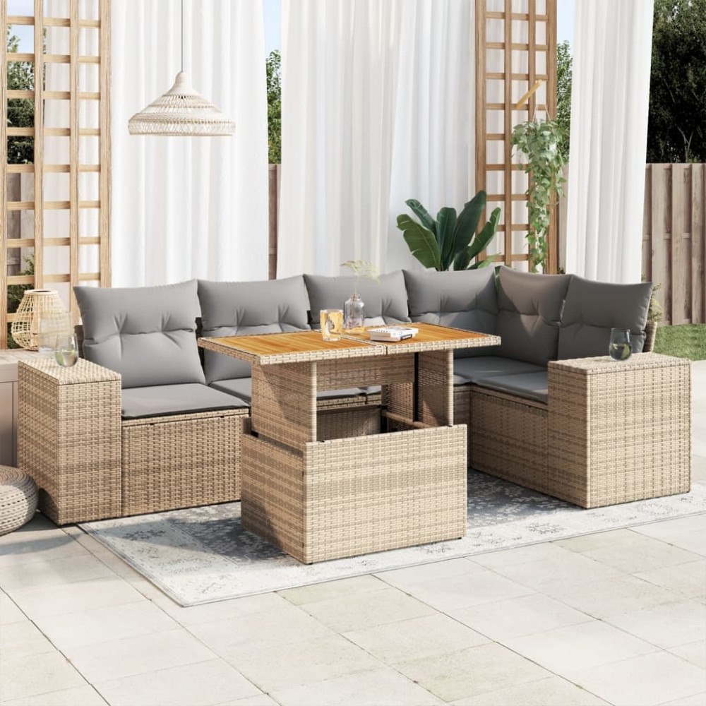vidaXL Soffgrupp för trädgården med dynor 6 delar beige konstrotting