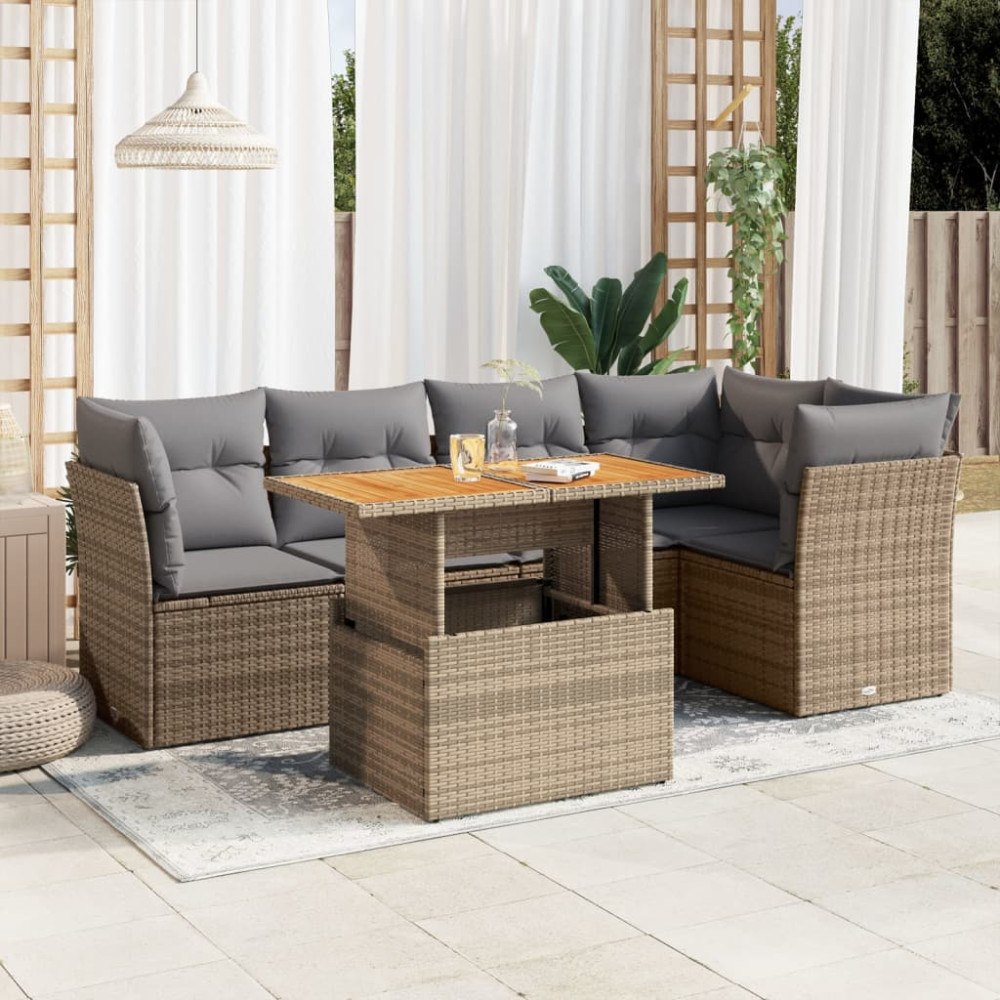 vidaXL Soffgrupp för trädgården med dynor 6 delar beige konstrotting