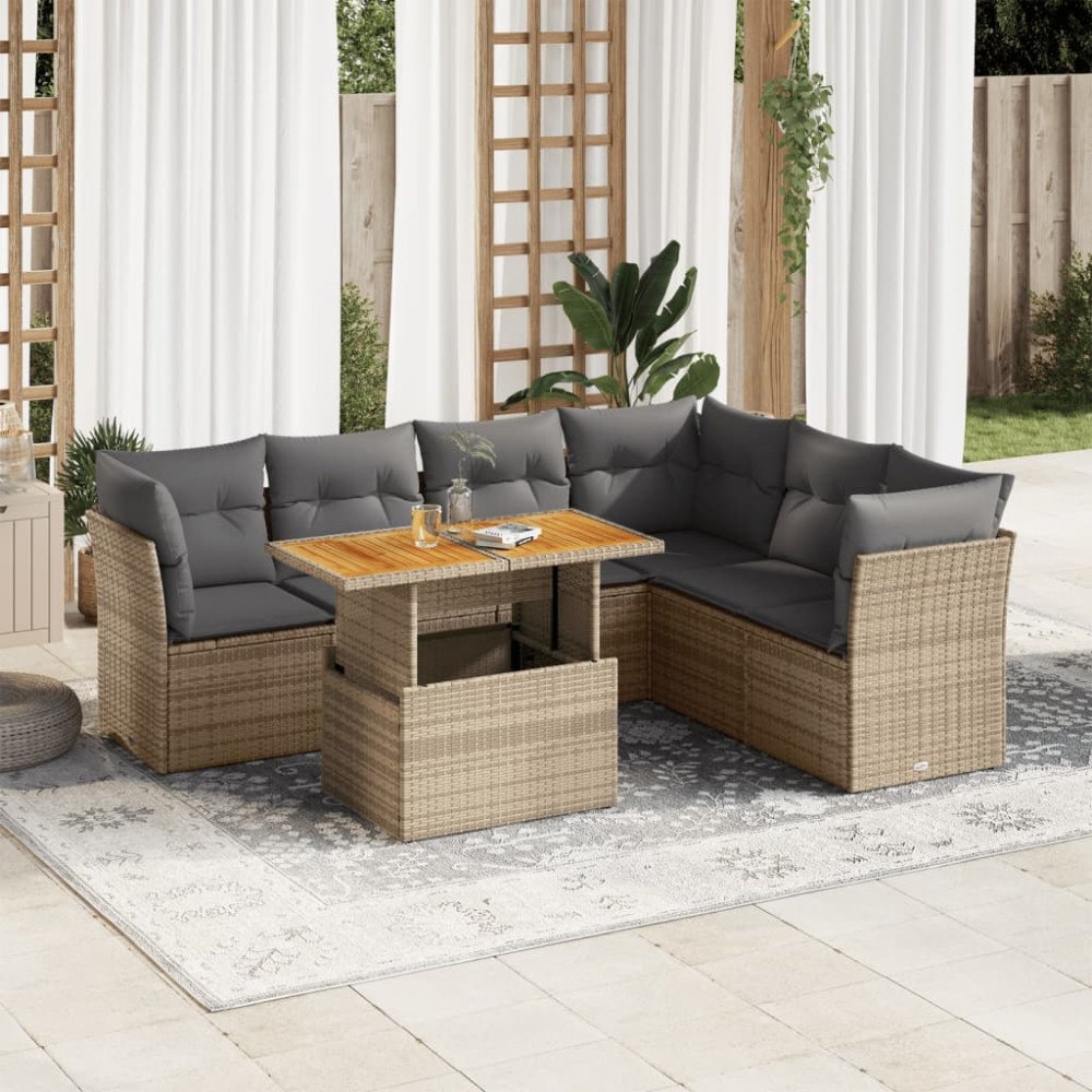 vidaXL Matgrupp för trädgården med dynor 7 delar beige konstrotting