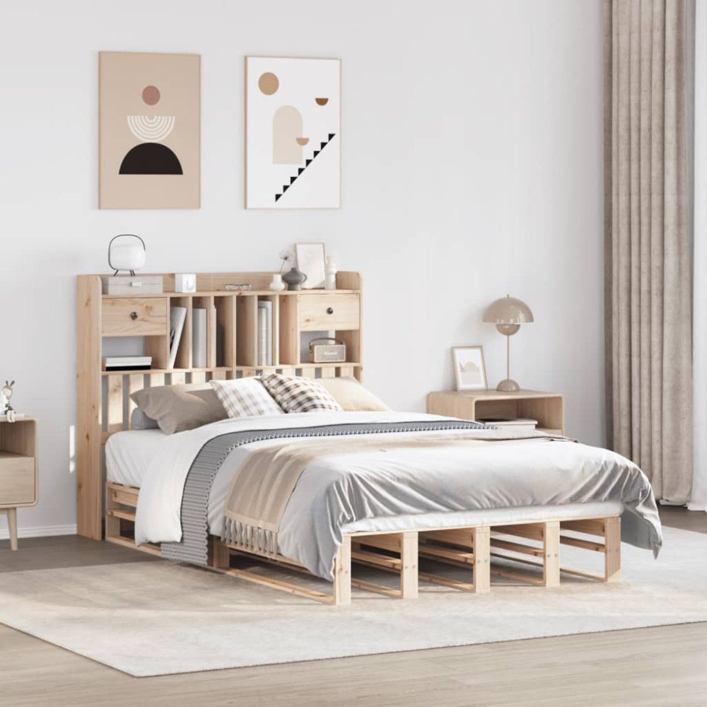 vidaXL Säng med bokhylla utan madrass 135x190cm massiv furu