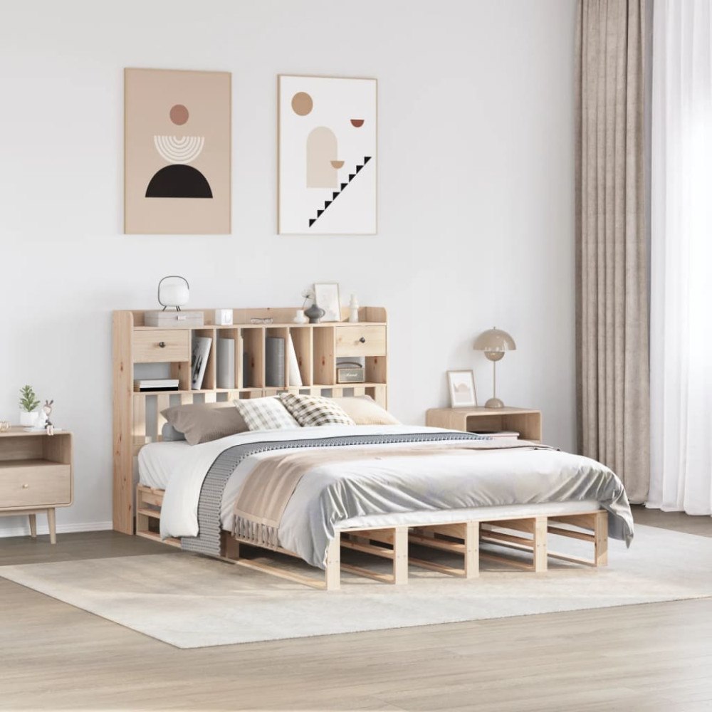 vidaXL Säng med bokhylla utan madrass 140x190cm massiv furu