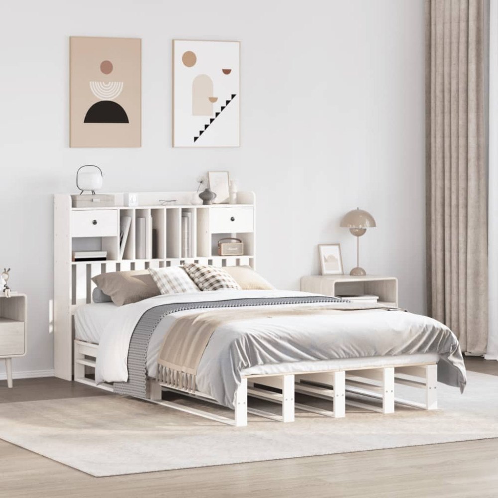 vidaXL Säng med bokhylla utan madrass vit 135x190cm massiv furu