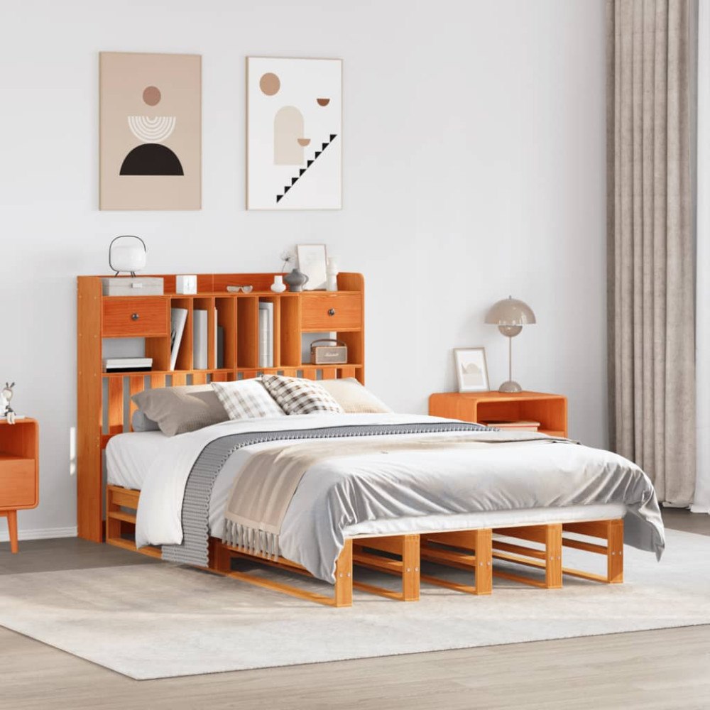 vidaXL Säng med bokhylla utan madrass vaxbrun 135x190cm massiv furu