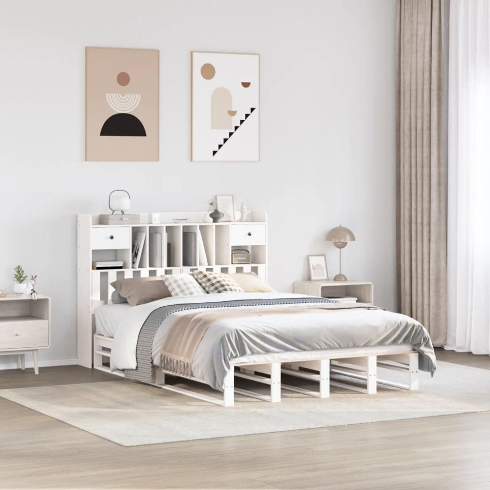 vidaXL Säng med bokhylla utan madrass vit 140x190cm massiv furu