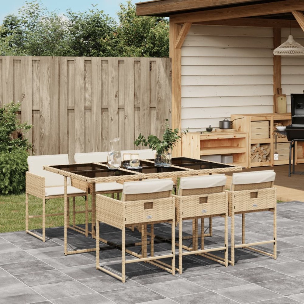 vidaXL Matgrupp för trädgården med dynor 7 delar beige konstrotting