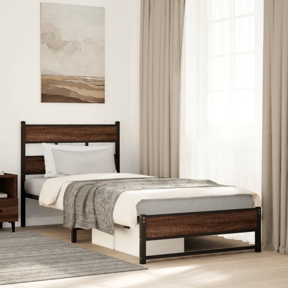 vidaXL Sängram utan madrass metall brun ek 90x190 cm