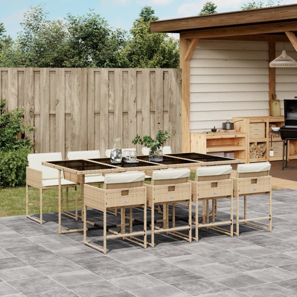 vidaXL Matgrupp för trädgården med dynor 9 delar beige konstrotting