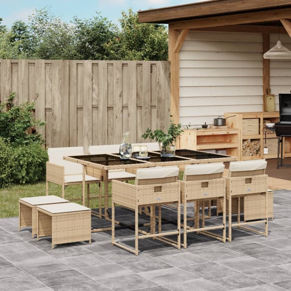 vidaXL Matgrupp för trädgården med dynor 11 delar beige konstrotting