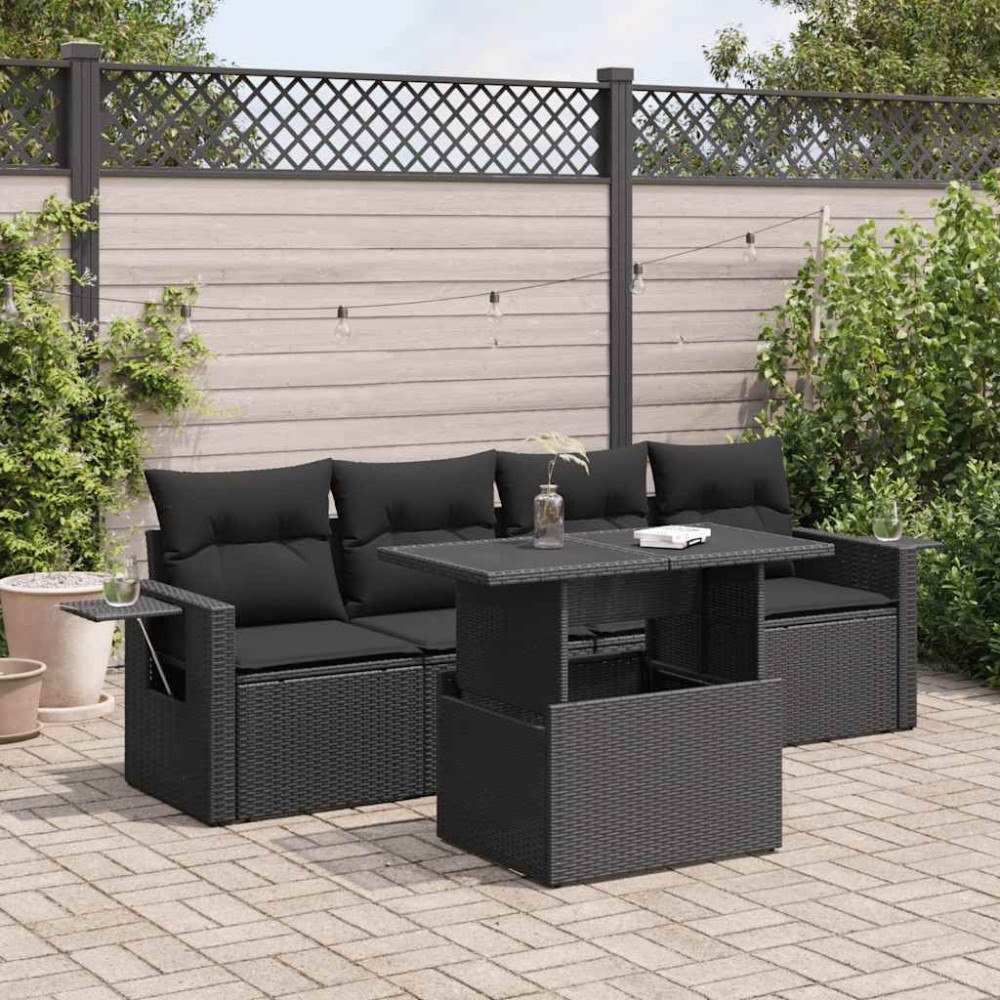 vidaXL Loungegrupp för trädgården med dynor 5 delar svart konstrotting