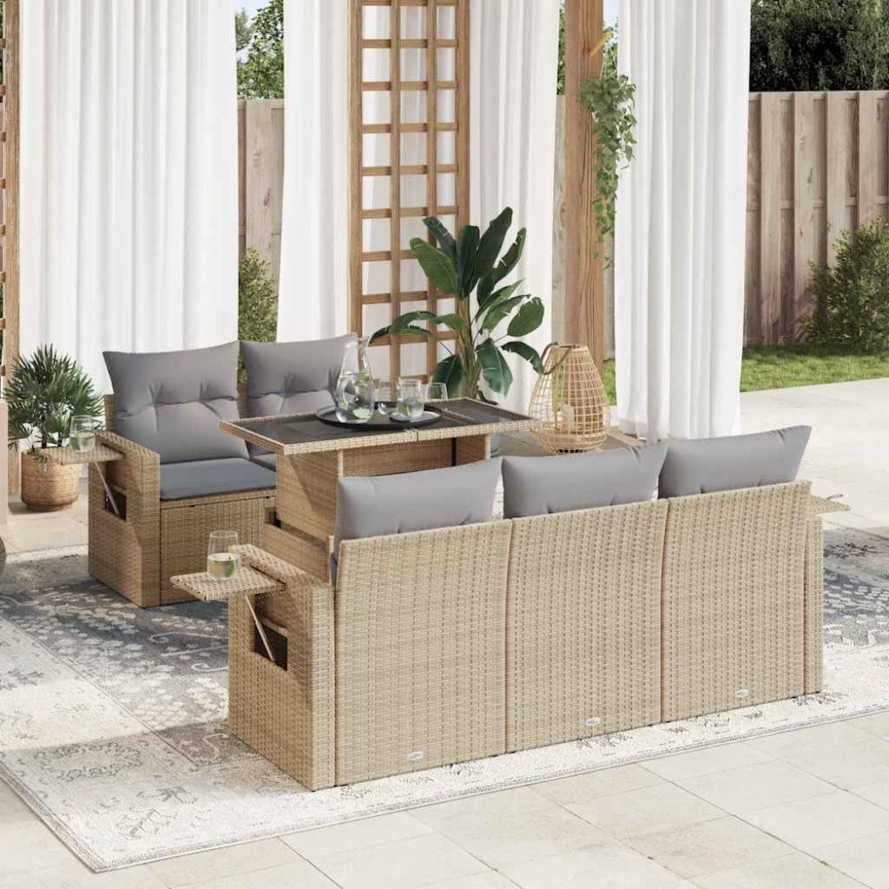 vidaXL Soffgrupp för trädgården med dynor 6 delar beige konstrotting
